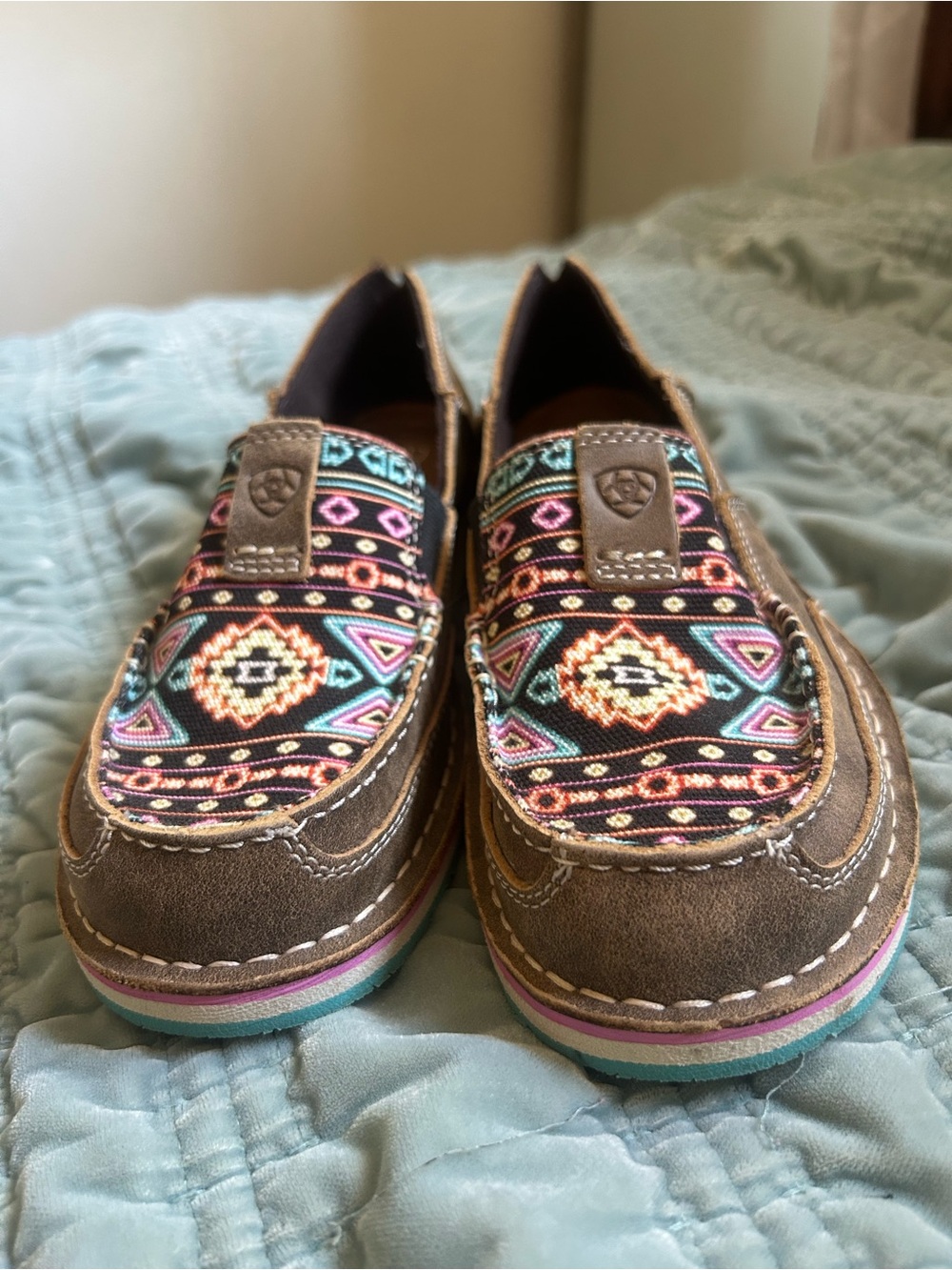 Ariat Brown Moccasins with Multicolor Aztec Pattern